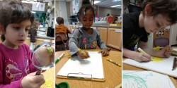 a collage of images of children drawing