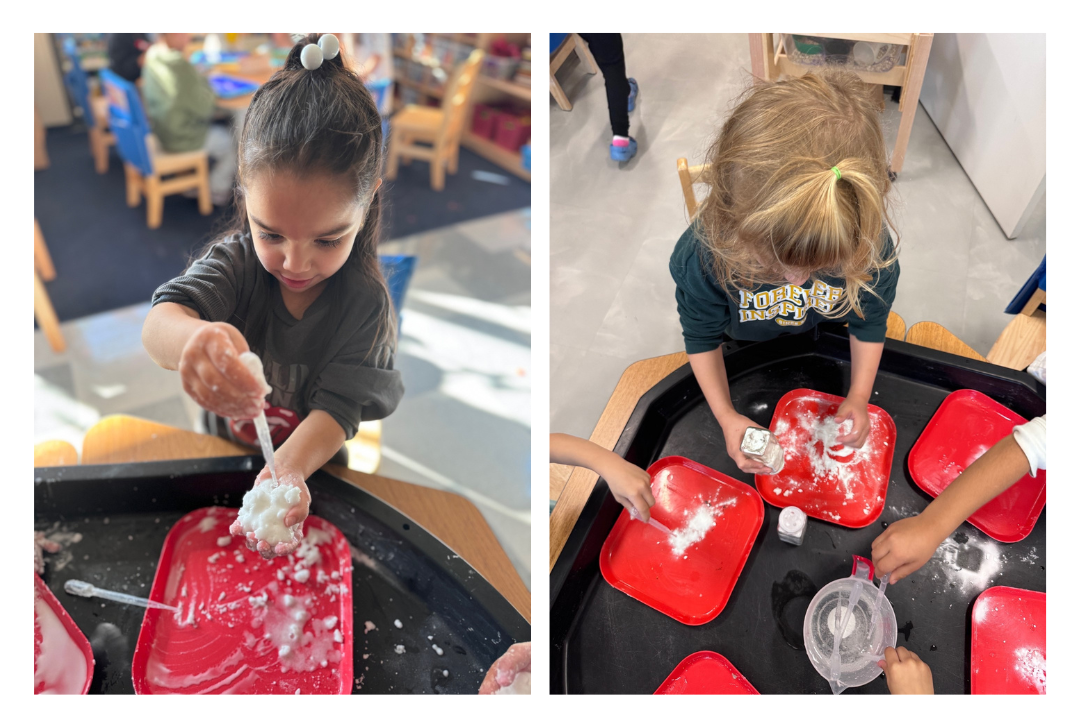 Children manipulate baking soda by adding bubbles and salt.